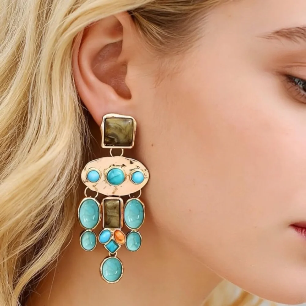 Vintage Boho Gold Turquoise Statement Drop Earrings new